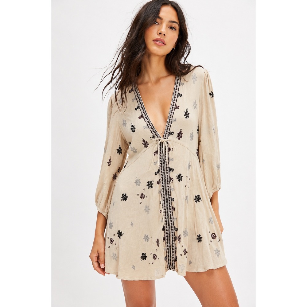 Free People‎ Star Gazer Embroidered Mini Dress Beige Tie Front V-Neck Size S